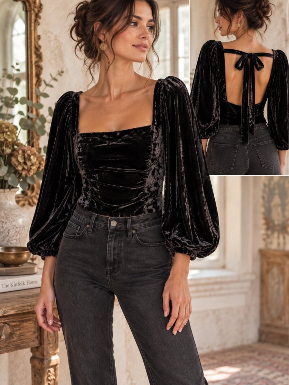 Free People Marie Velvet Top Womens M Black Puff Sleeve Open Back Whimsigoth